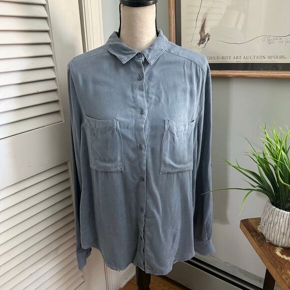 LA VI Shirt Womens Medium Blue Button Down Tunic Minimalist Lagenlook Casual - Picture 1 of 10